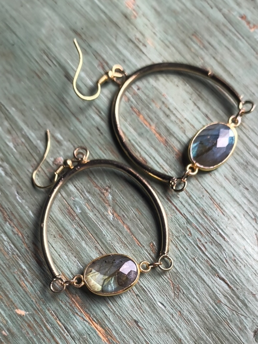 Artisan Brass Dangle Earrings with FLASHY Blue-Green Labradorite .  Boho Chic